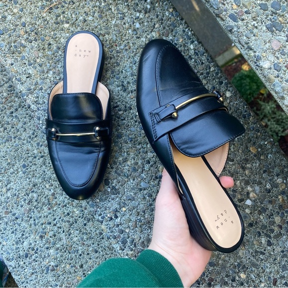 Black loafer flats with gold bar and stud detailing - Picture 2 of 5